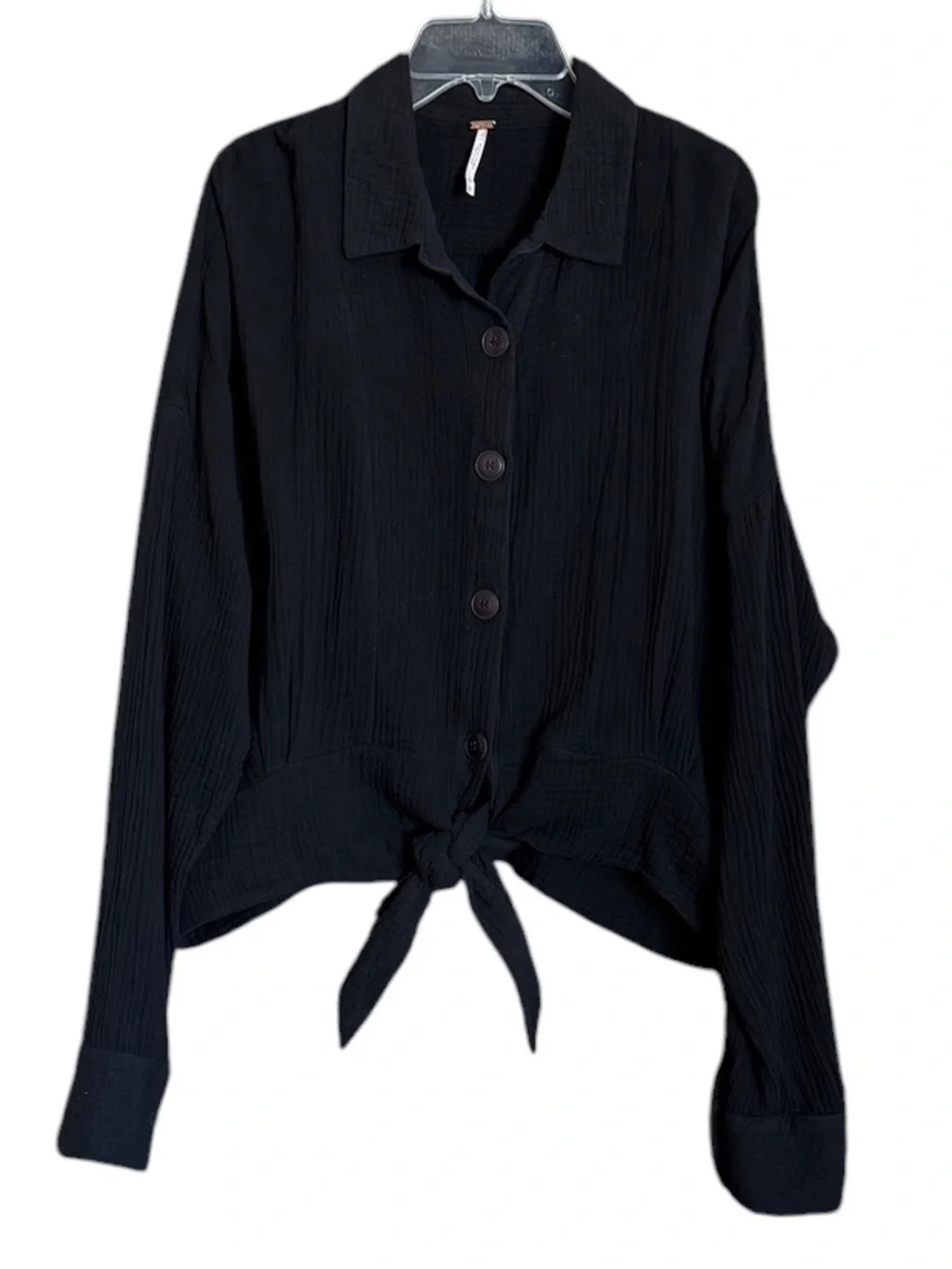 Free People Black Double Gauze Tie Front Button Down Oversized Shirt Top Size L
